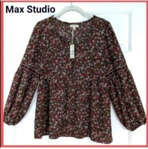 NWT Max Studio Boho Bubble Sleeve Top black Pink Floral print, small Cottagecore